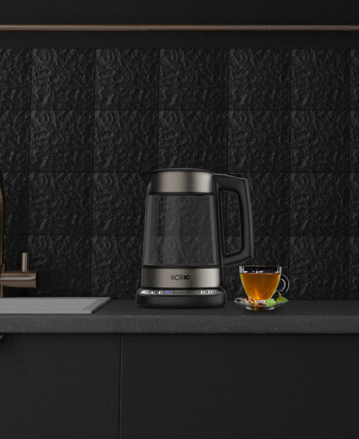 Solac Aroa Premium Cordless Glass Electric Brew Kettle with Adjustable Temperature - Dark Brushed Stainless-steel