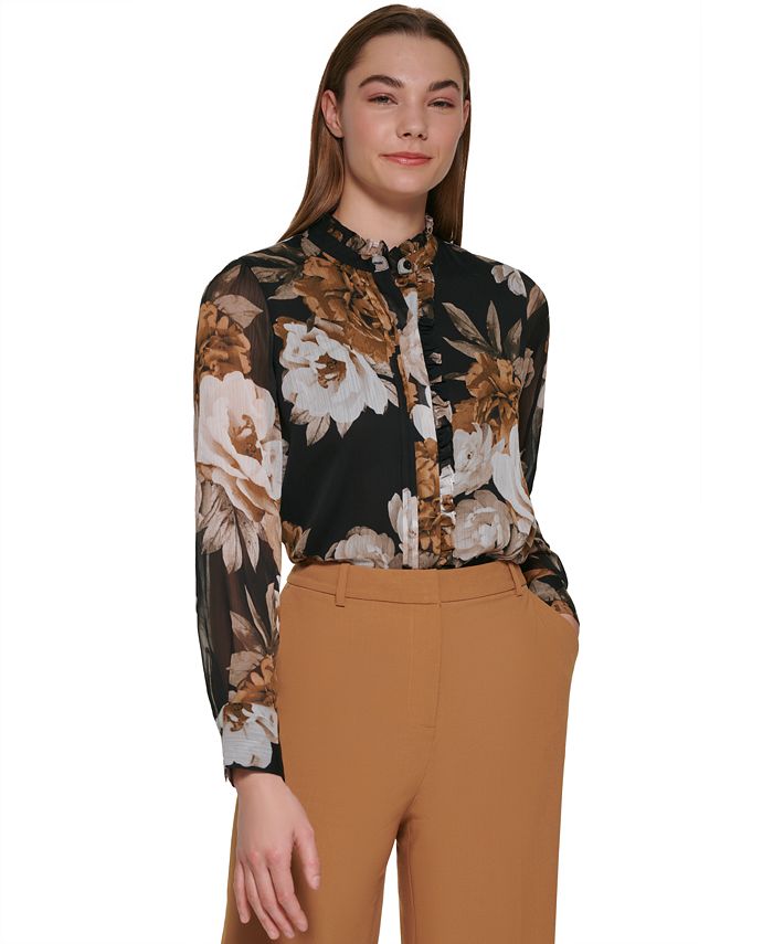 Calvin Klein Women's Long Sleeve Floral Blouse & Reviews - Tops - Women -  Macy's