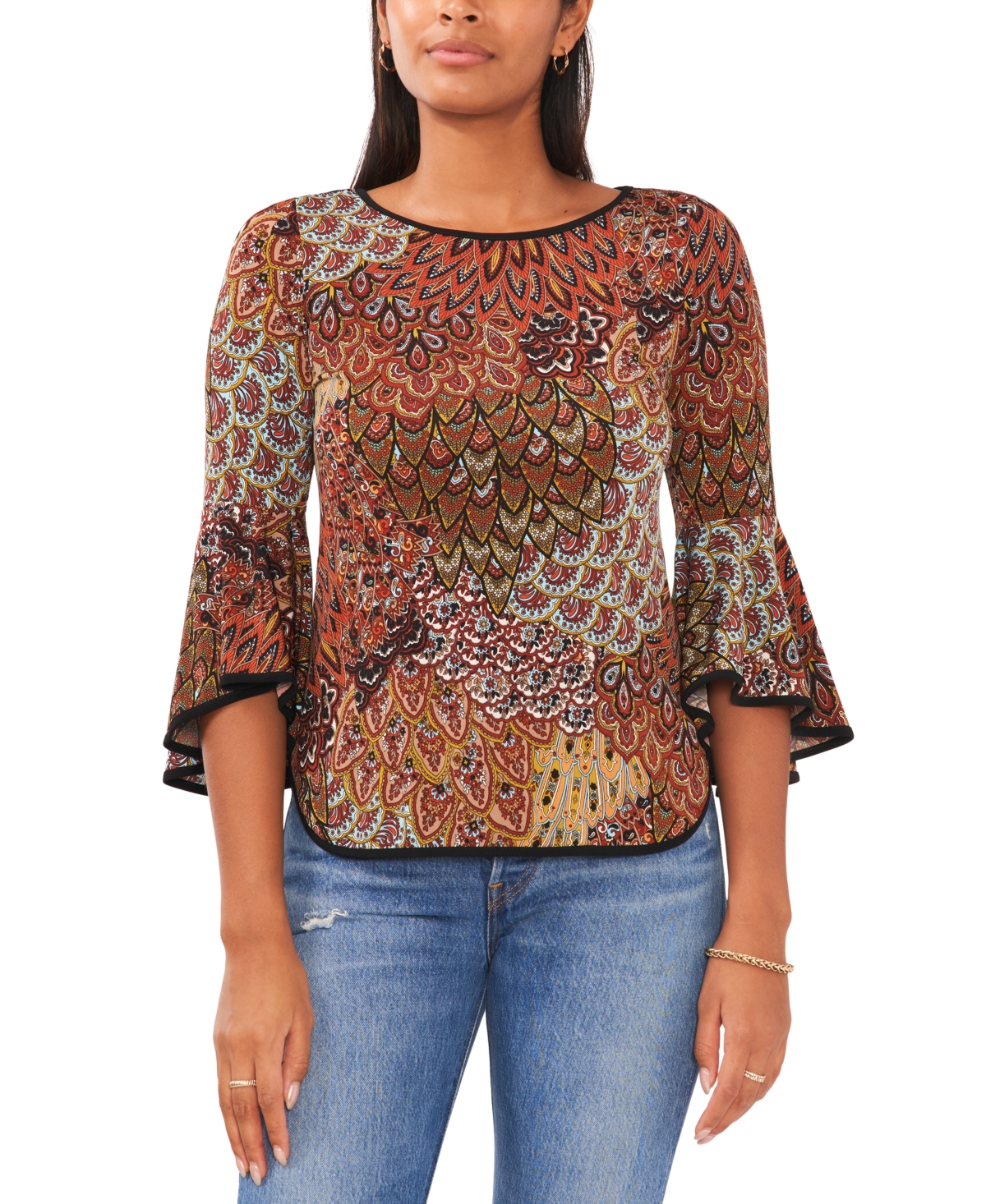 Sam & Jess Petite Contrast-trim Bell-sleeve Top In Rusty Peacock