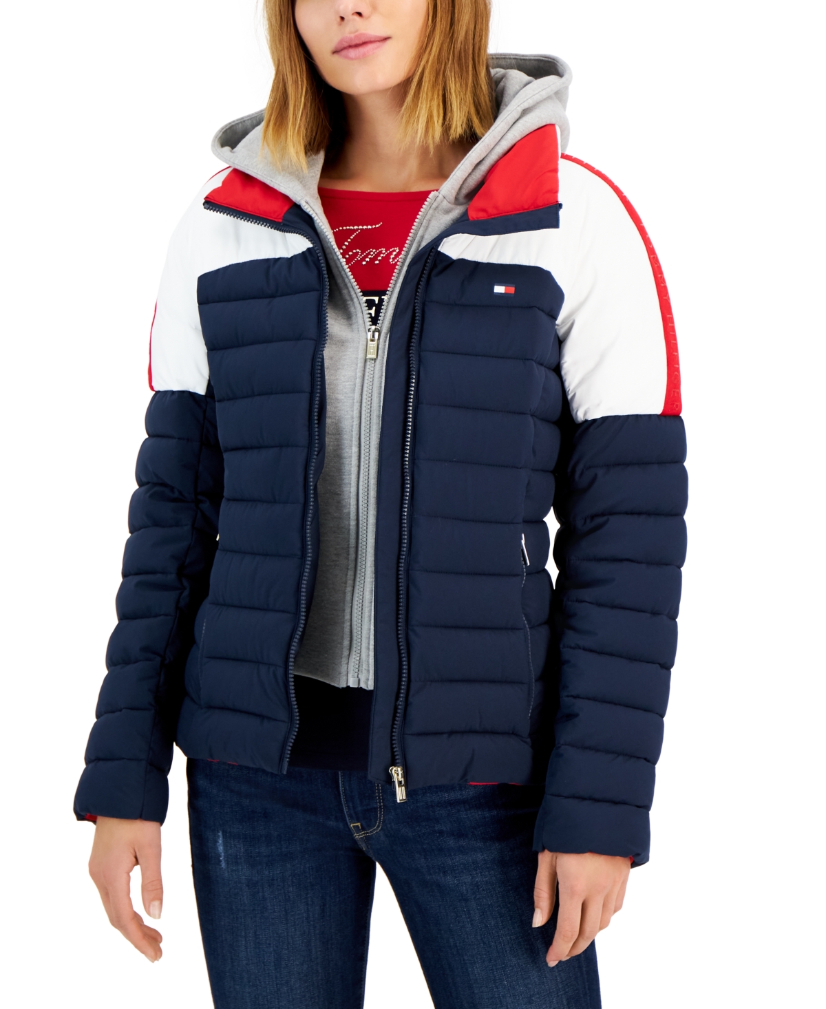Tommy Hilfiger Women's Hooded Colorblocked Coat In Sky Captain Multi