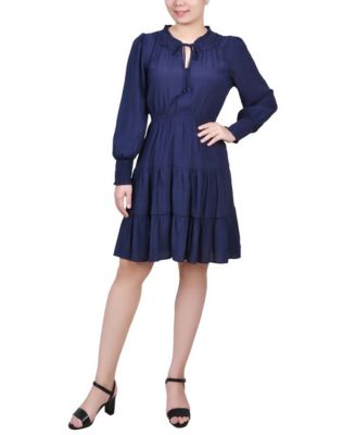 Petite Long Sleeve Tiered Dress with Ruffled Neck