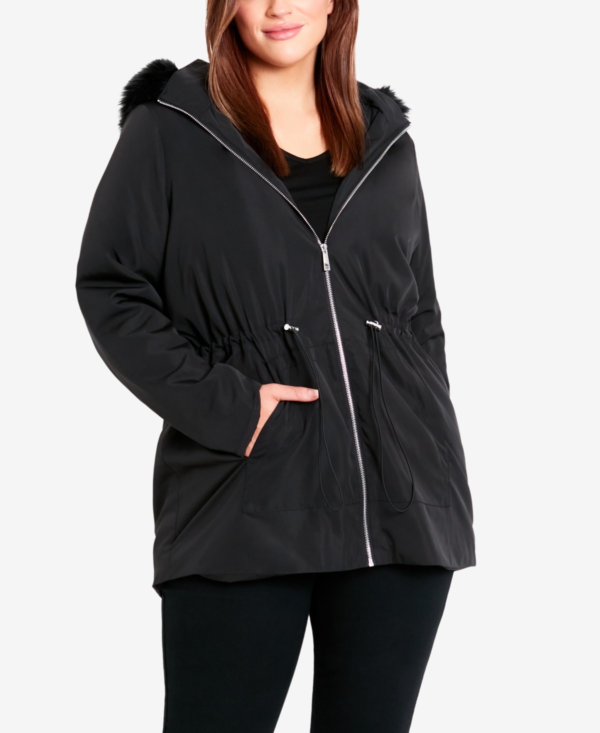 Avenue Plus Size Faux Fur Lightweight Coat In Black