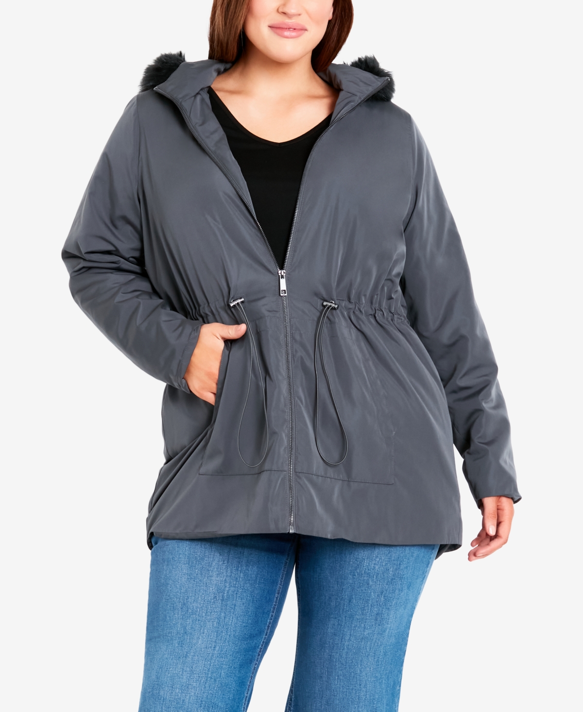 Avenue Plus Size Faux Fur Lightweight Coat In Gray