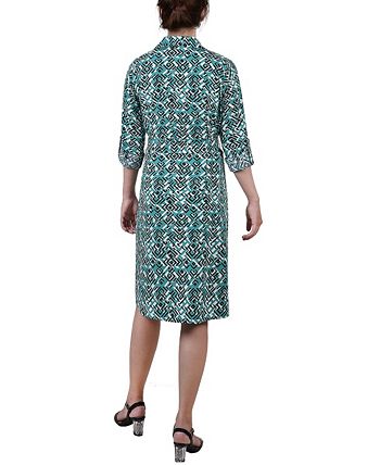 Cypress Inca Gold Navy Zigzag 3/4 Roll Tab Sleeve Belted Shirtdress - Petite