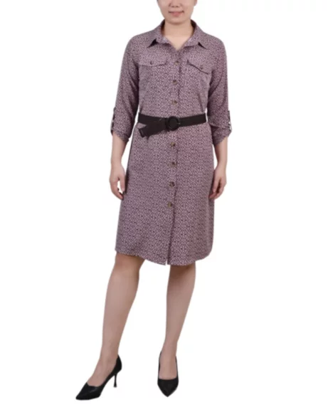 Petite 3/4 Roll Tab Sleeve Shirtdress - Lilas Black Swirl
