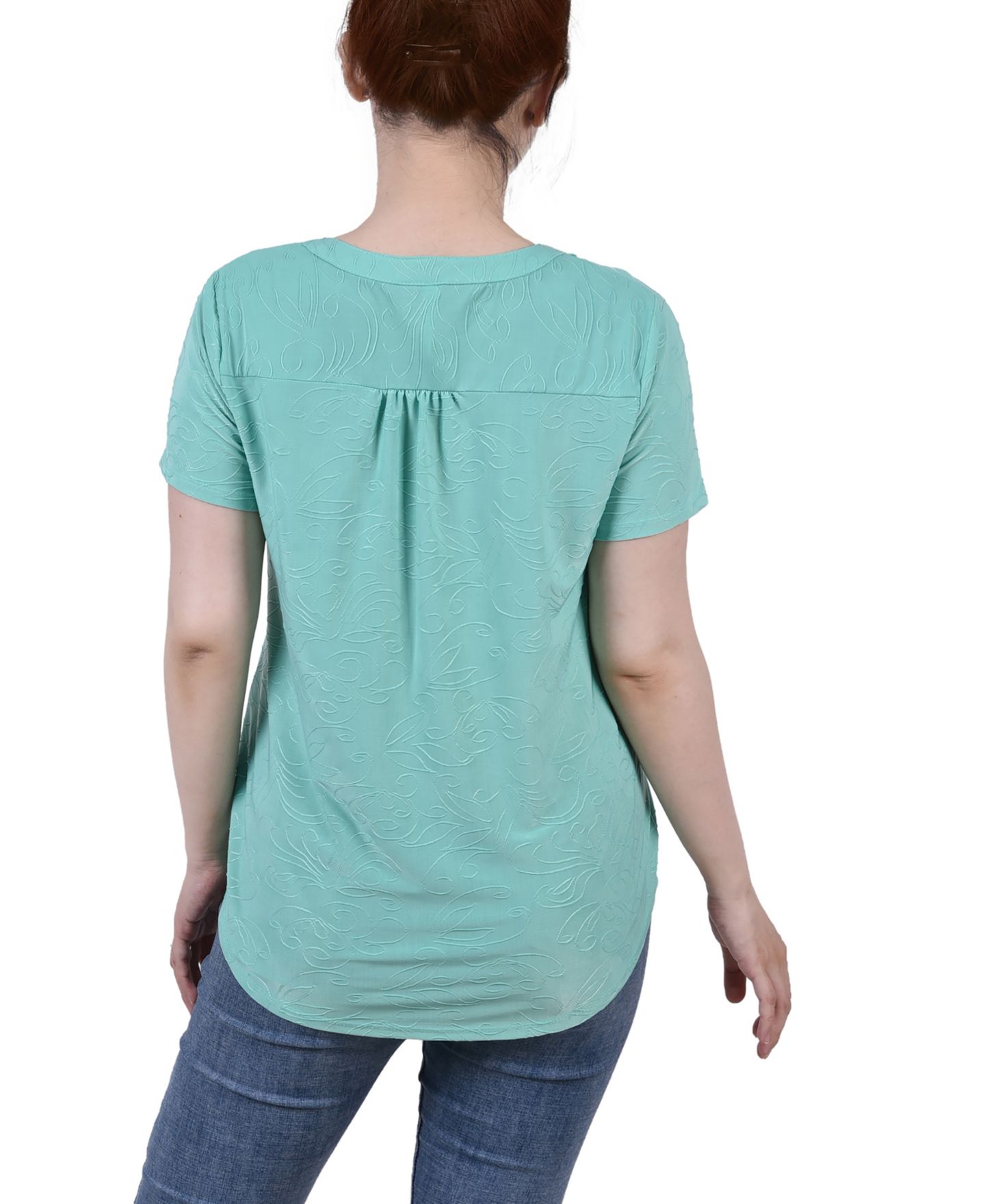 Женский топ NY Collection Petite Short Sleeve Y Neck Jacquard Knit, цвет: Bermuda — фото 2