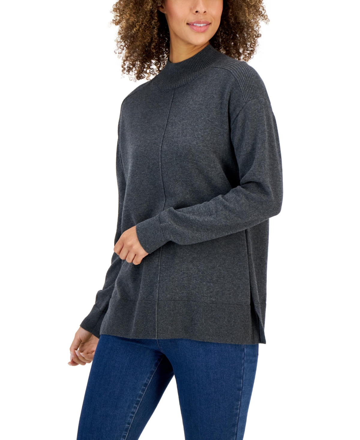 Women's Cotton Seam-Front Mock Neck Sweater, Created for Macy's - Charcoal Heather