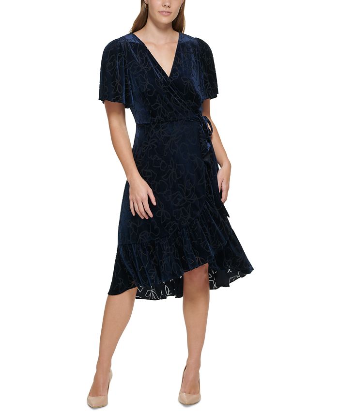 Calvin Klein Burnout Velvet Faux-Wrap A-Line Dress & Reviews - Dresses -  Women - Macy's
