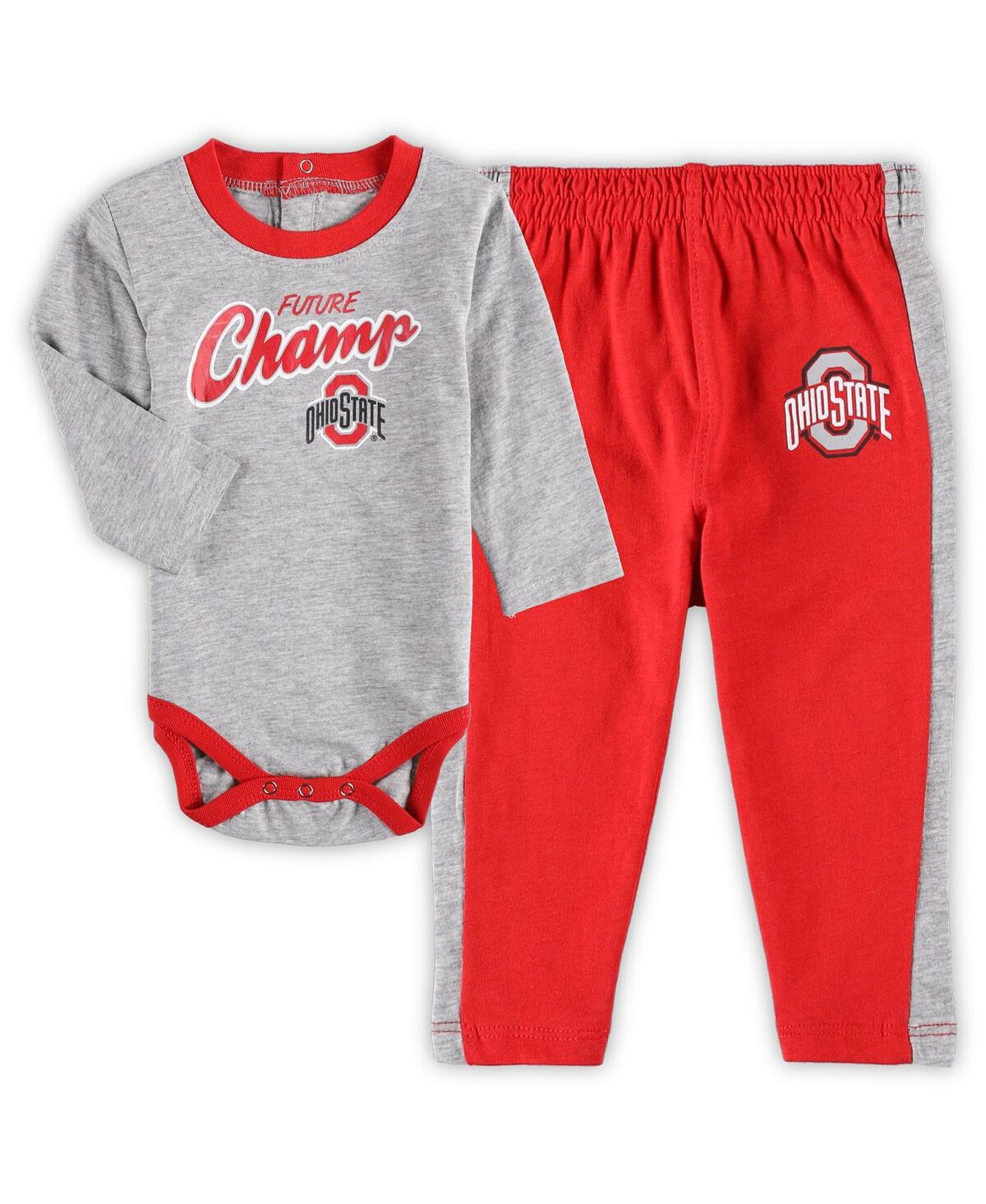 OUTERSTUFF NEWBORN AND INFANT BOYS AND GIRLS SCARLET, HEATHERED GRAY OHIO STATE BUCKEYES LITTLE KICKER LONG SLE