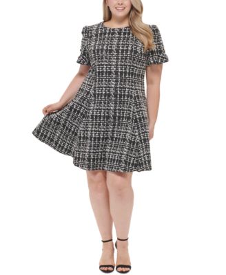 DKNY - Plus Size Flounce-Sleeve Plaid Stretch Knit Dress