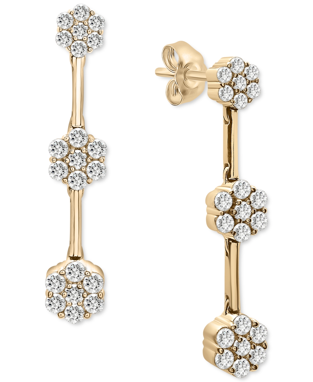 Diamond Triple Flower Cluster Drop Earrings (1-1/2 ct. t.w.) in 14k Gold, Created for Macy's - Yellow Gold