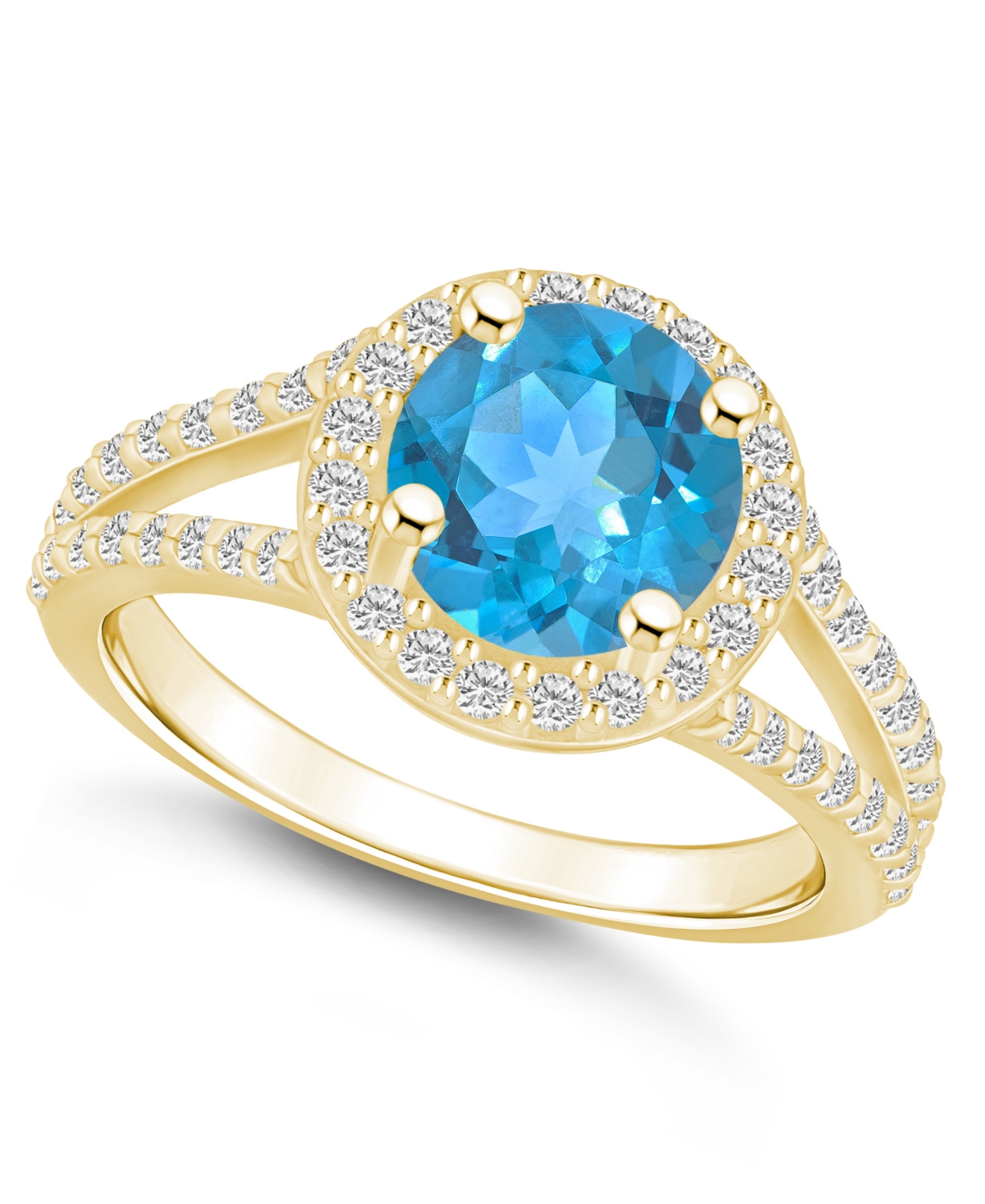 Macy's Blue Topaz (2-3/8 Ct. T.w.) And Diamond (1/2 Ct. T.w.) Halo Ring In 14k Yellow Gold In Multi
