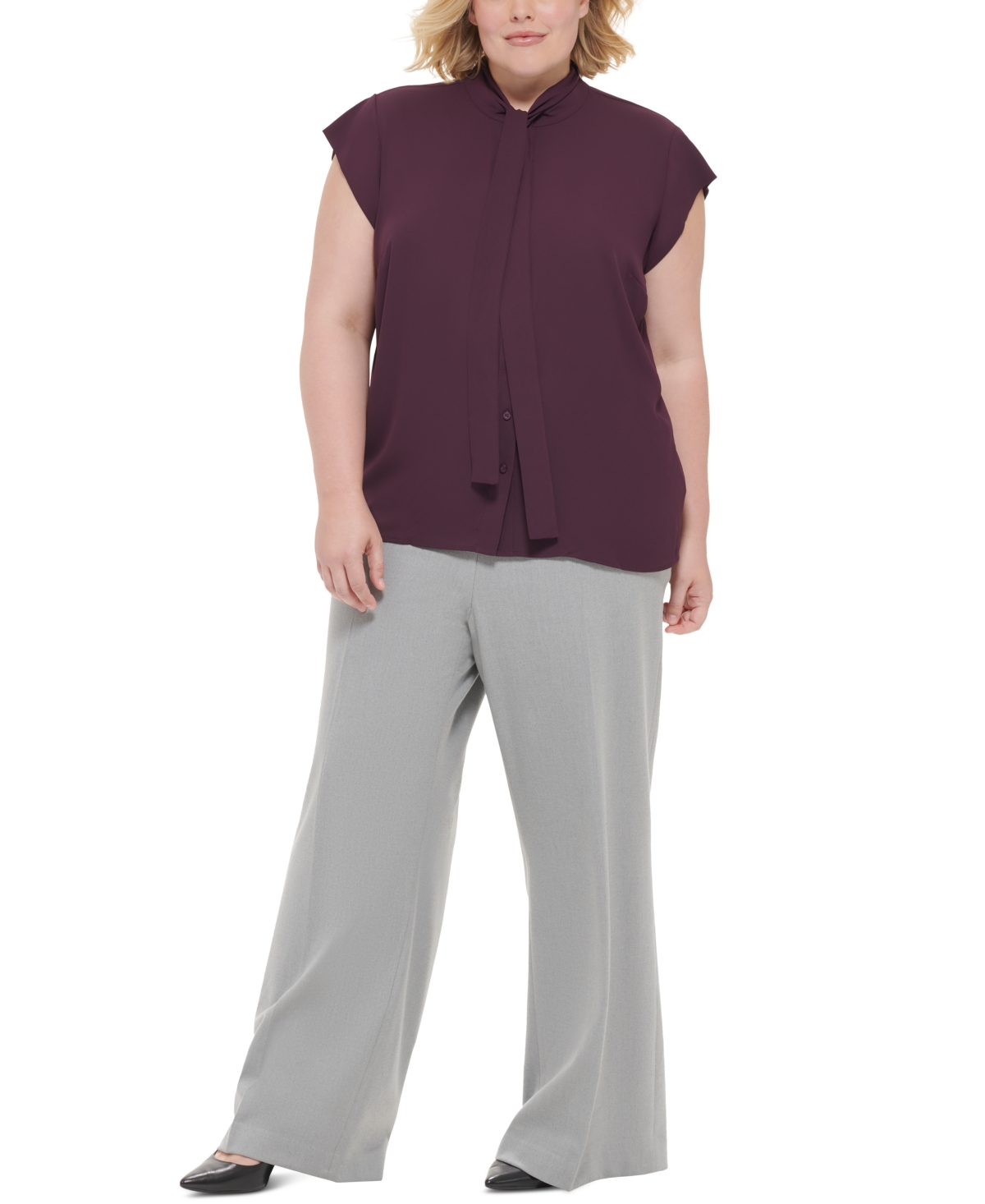 Calvin Klein Plus Size Solid Tie-Neck Flutter-Sleeve Shirt