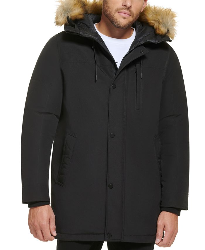 Faux fur-lined parka with removable fur trim hood for women