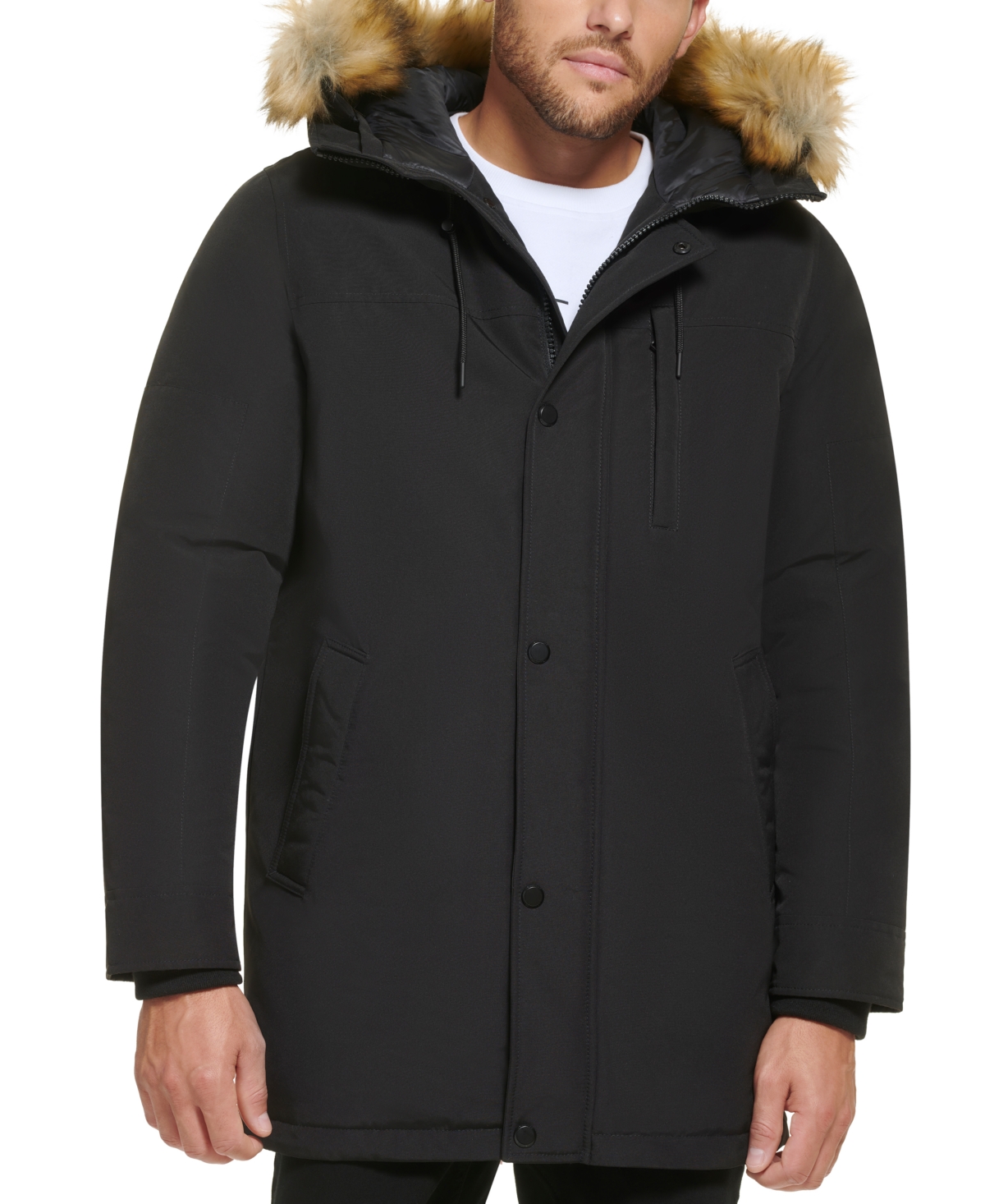 Calvin Klein Men's Long Parka With Faux-fur Lined Hood In Black