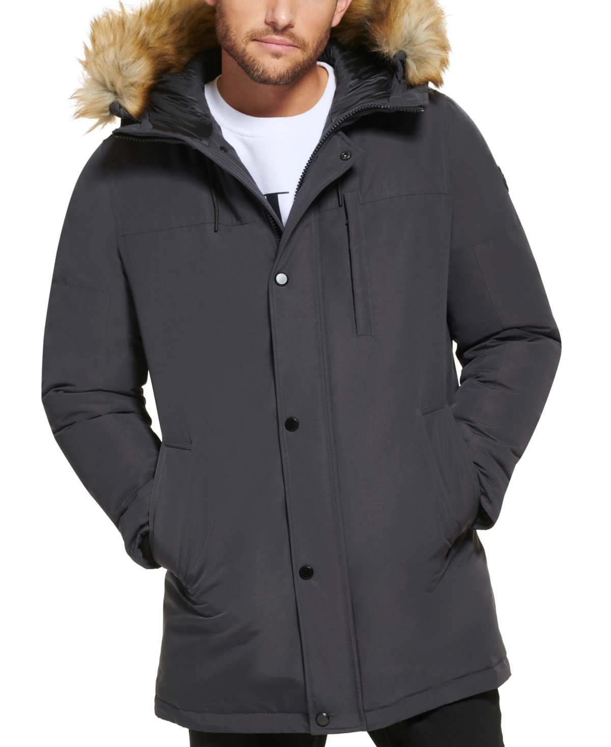 Calvin Klein Men's Long Parka With Faux-fur Lined Hood In Iron
