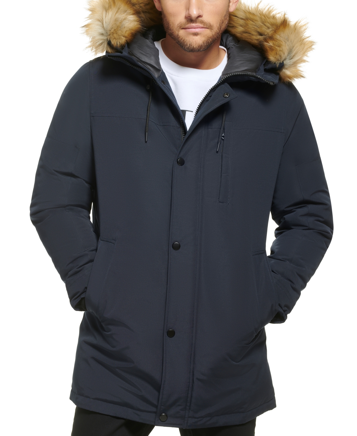 Calvin Klein Men's Long Parka With Faux-fur Lined Hood In Navy