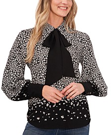 Women's Long Sleeve Ditsy Button-Up Bow Blouse
