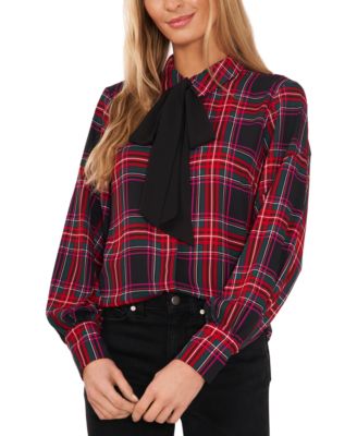 CeCe - Women's Long-Sleeve Plaid Button-Up Bow-Tie Blouse