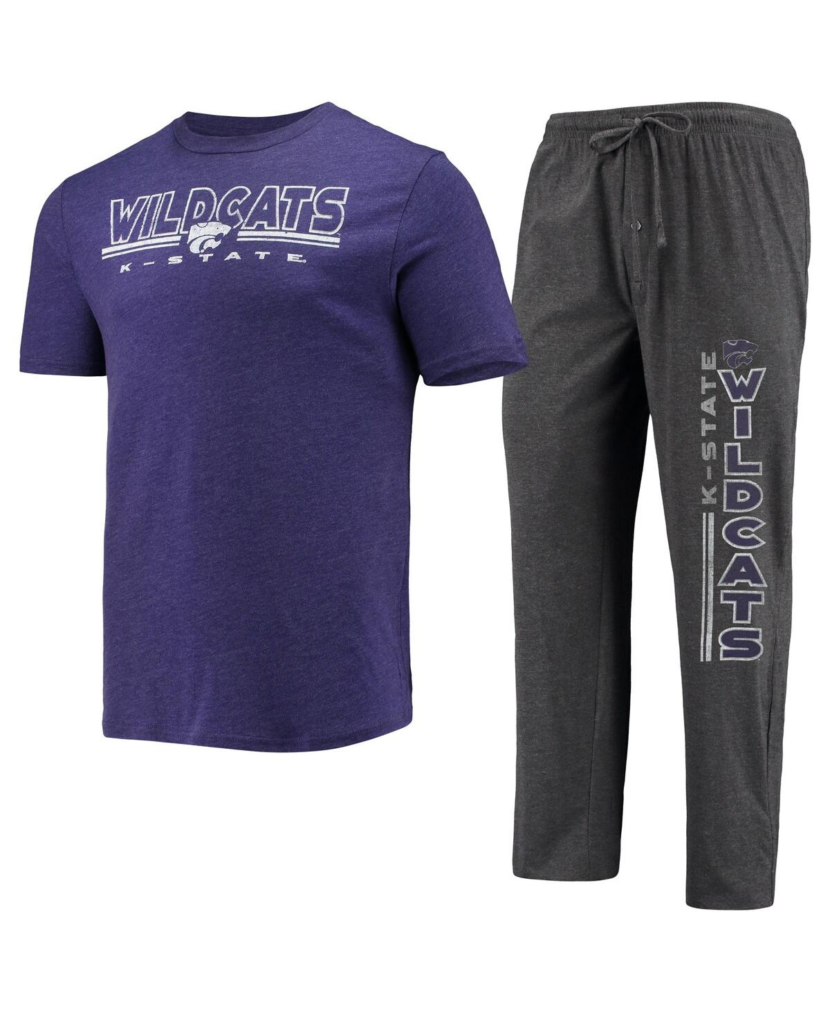 CONCEPTS SPORT MEN'S CONCEPTS SPORT HEATHERED CHARCOAL, PURPLE KANSAS STATE WILDCATS METER T-SHIRT AND PANTS SLEEP 