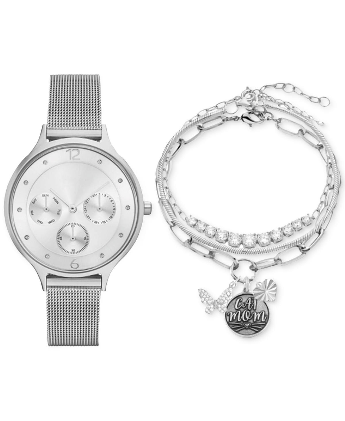 Women's Silver-Tone Mesh Metal Alloy Bracelet Watch 36mm Gift Set - Shiny Silver