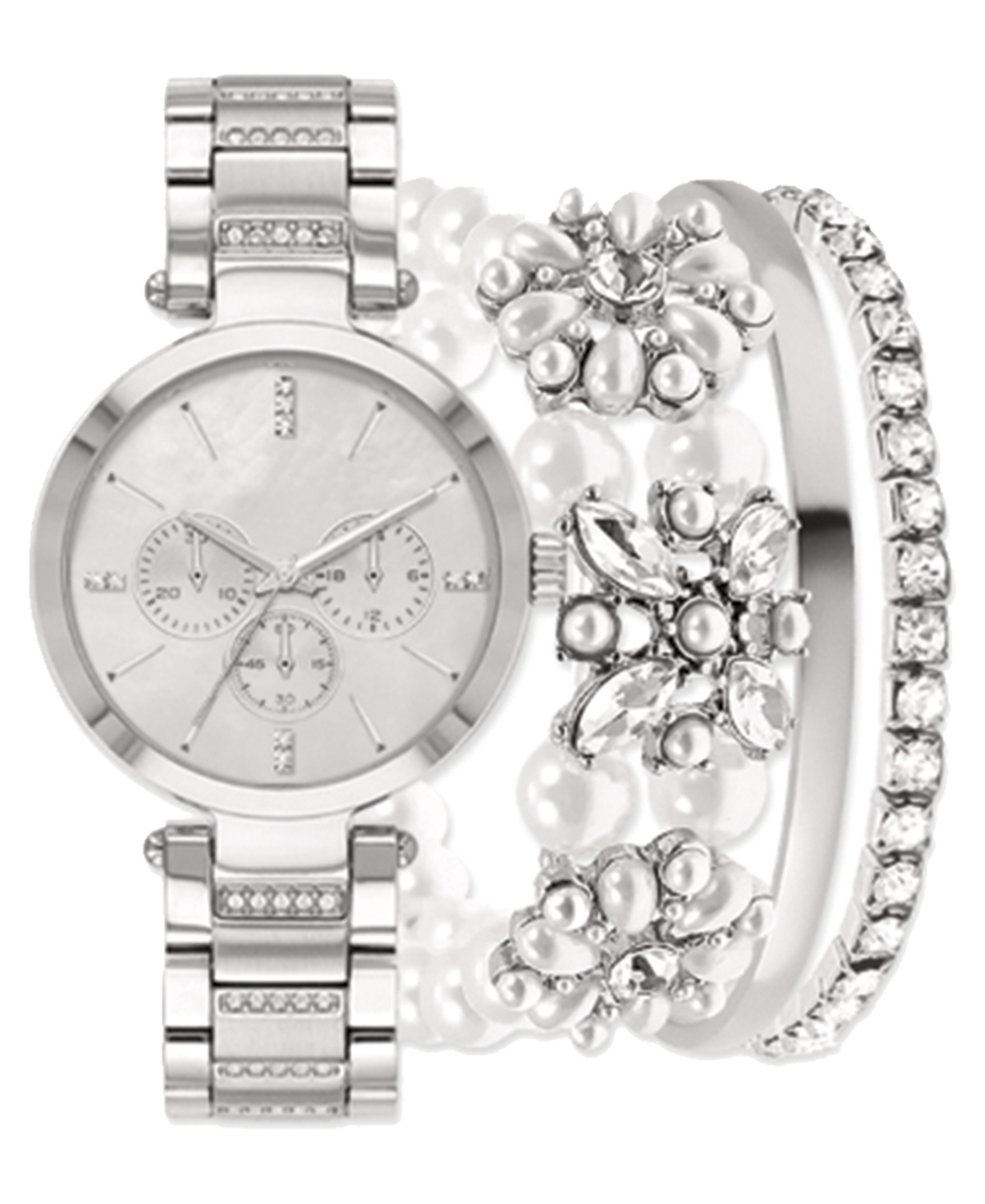 Women's Silver-Tone Metal Alloy Bracelet Watch 34mm Gift Set - Silver