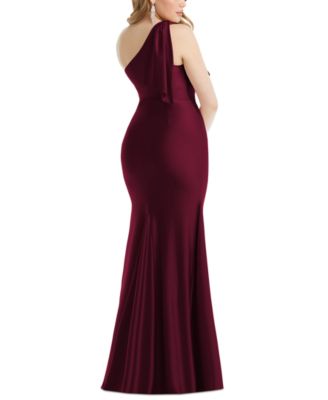 Women's Cascading Bow One-Shoulder Stretch Satin Mermaid Dress with Slight Train