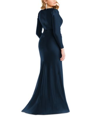 Women's Long Sleeve Draped Wrap Stretch Satin Mermaid Dress with Slight Train