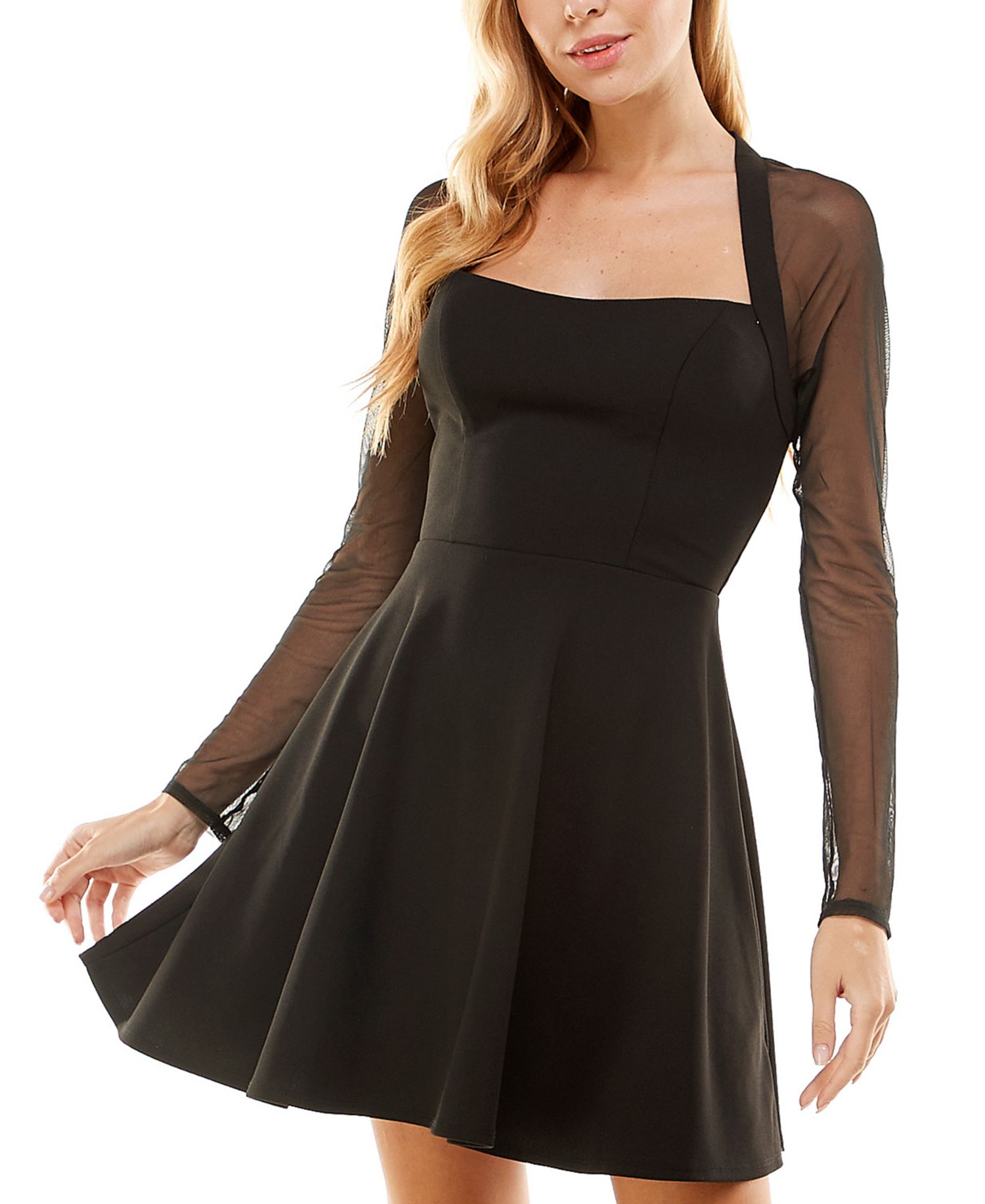Juniors' Sheer-Long-Sleeve Skater Dress