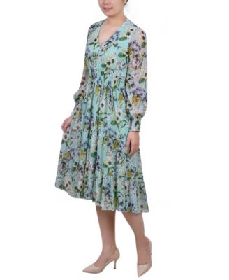 Women's Long Sleeve Clip Dot Chiffon Dress with Smocked Waist and Cuffs Dress