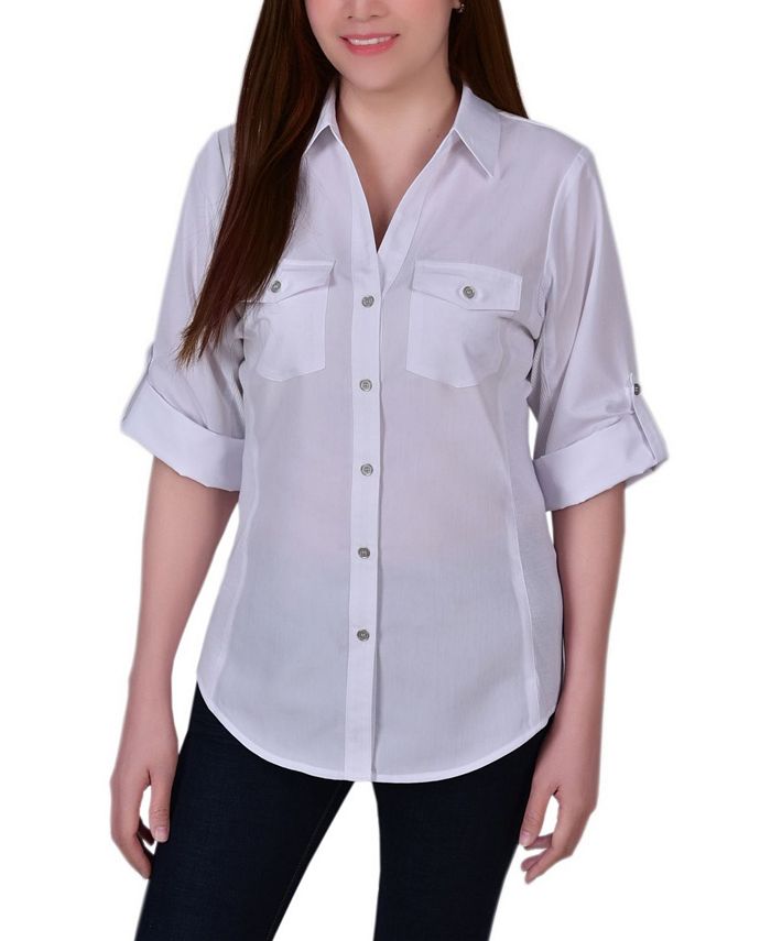 Doeskin W Black Herringbone 3/4 Roll Tab Blouse With Pockets - Petite