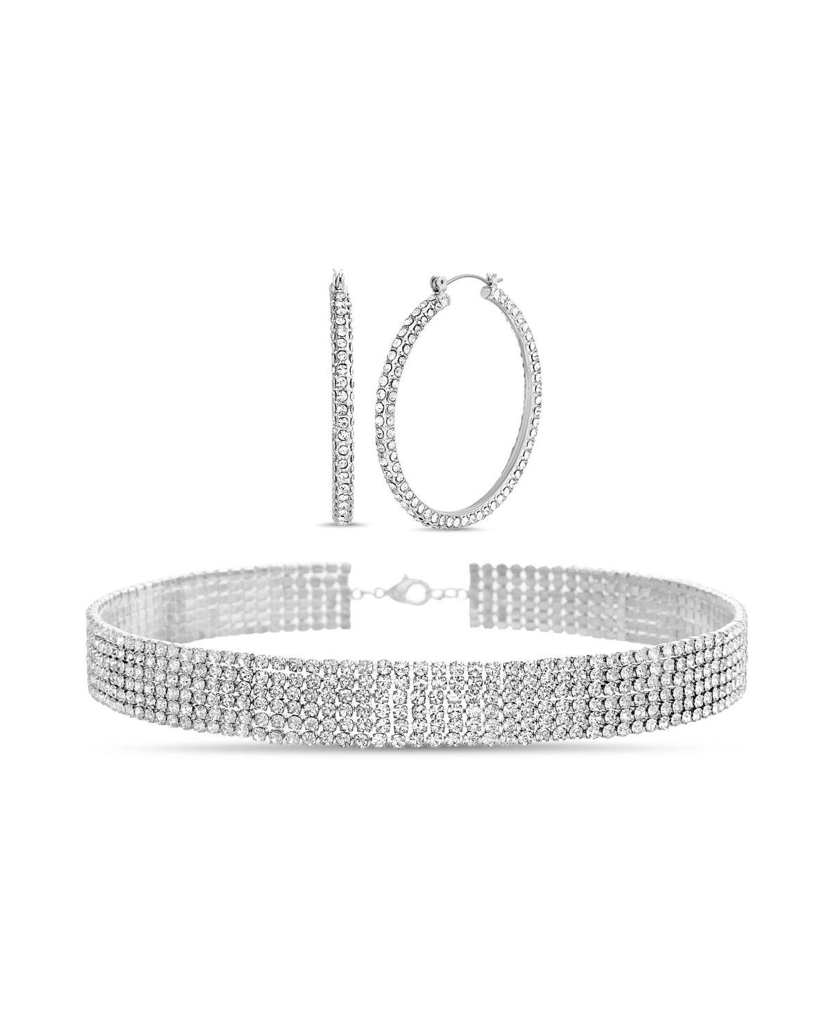 Boxed Rhinestone Hoop Earrings with Rhinestone Choker Necklace Set, 2 Piece - Crystal