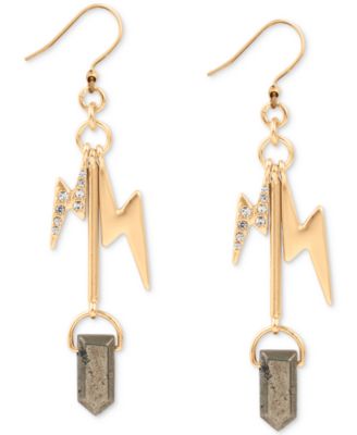 Lucky Brand - Gold-Tone Pav&eacute; Lightning Bolt & Gemstone Charm Drop Earrings