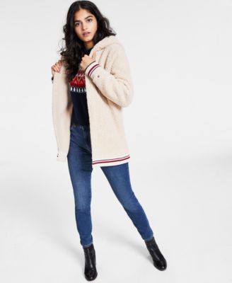 Tommy Hilfiger Womens Open Front Hooded Fleece Jacket Half Snowflake Raglan Sweater Th Flex Waverly Skinny Jeans