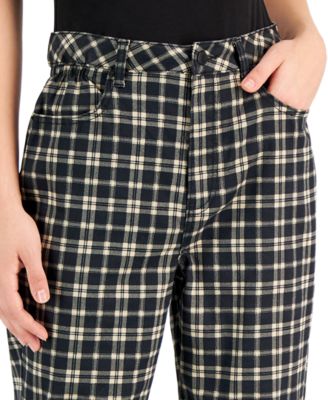 Vanilla Star Women's Plaid Cinched-Waist Mom Jeans