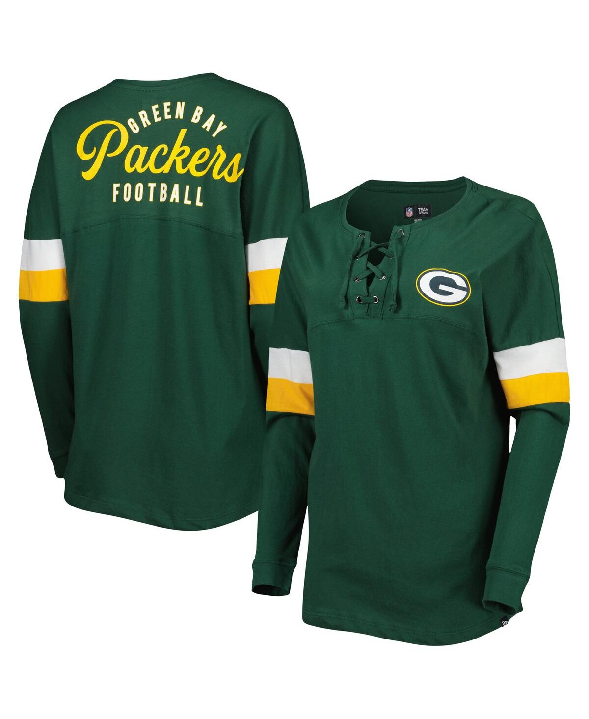 NEW ERA WOMEN'S NEW ERA GREEN GREEN BAY PACKERS ATHLETIC VARSITY LACE-UP LONG SLEEVE T-SHIRT 