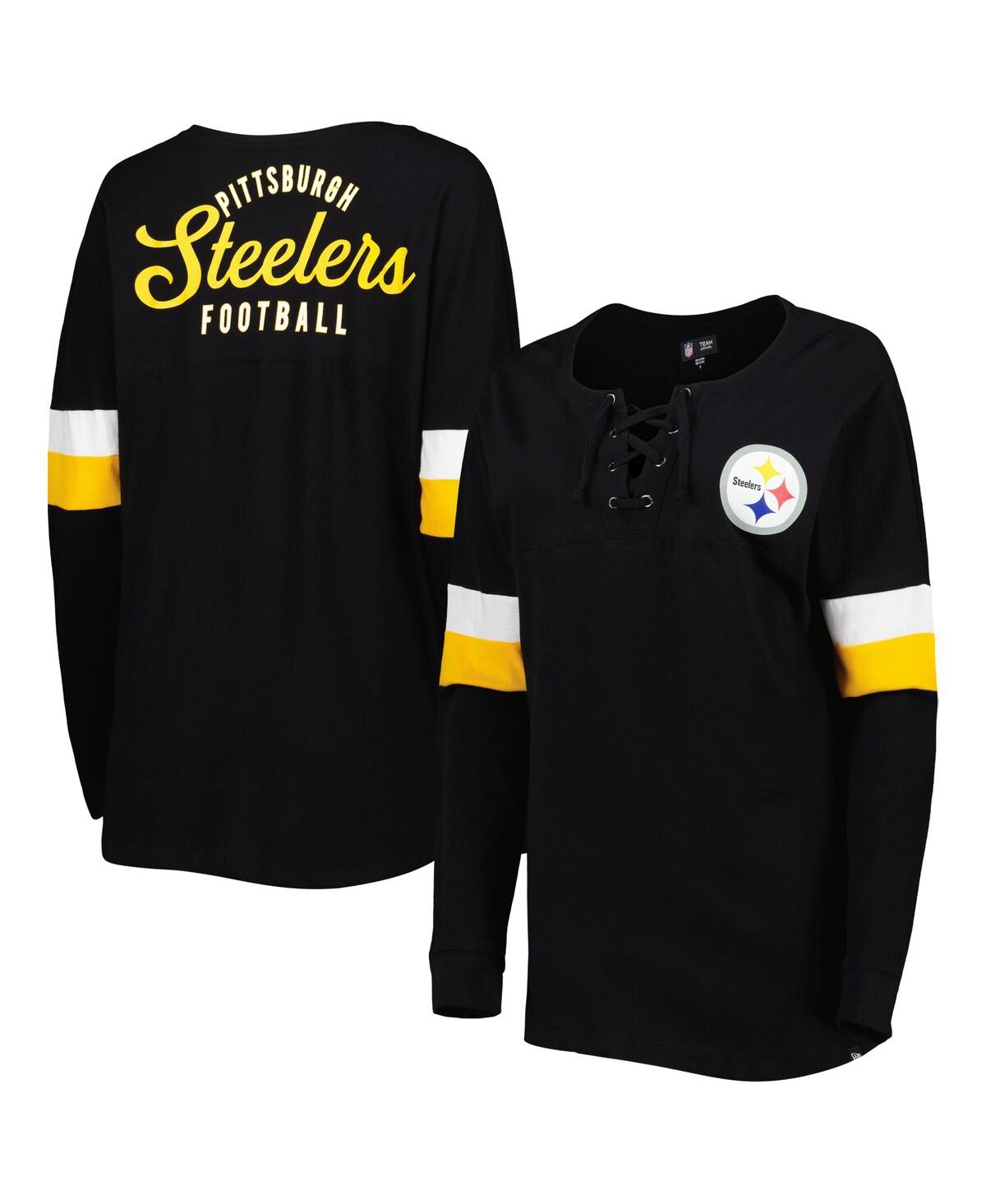 Shop New Era Women's  Black Pittsburgh Steelers Athletic Varsity Lace-up Long Sleeve T-shirt