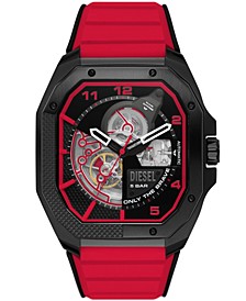 Men's Flayed Automatic Three-Hand Black and Red Silicone Strap Watch 47mm