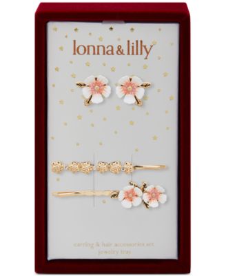 lonna & lilly - Gold-Tone White Flower Bobby Pins & Stud Earrings Set