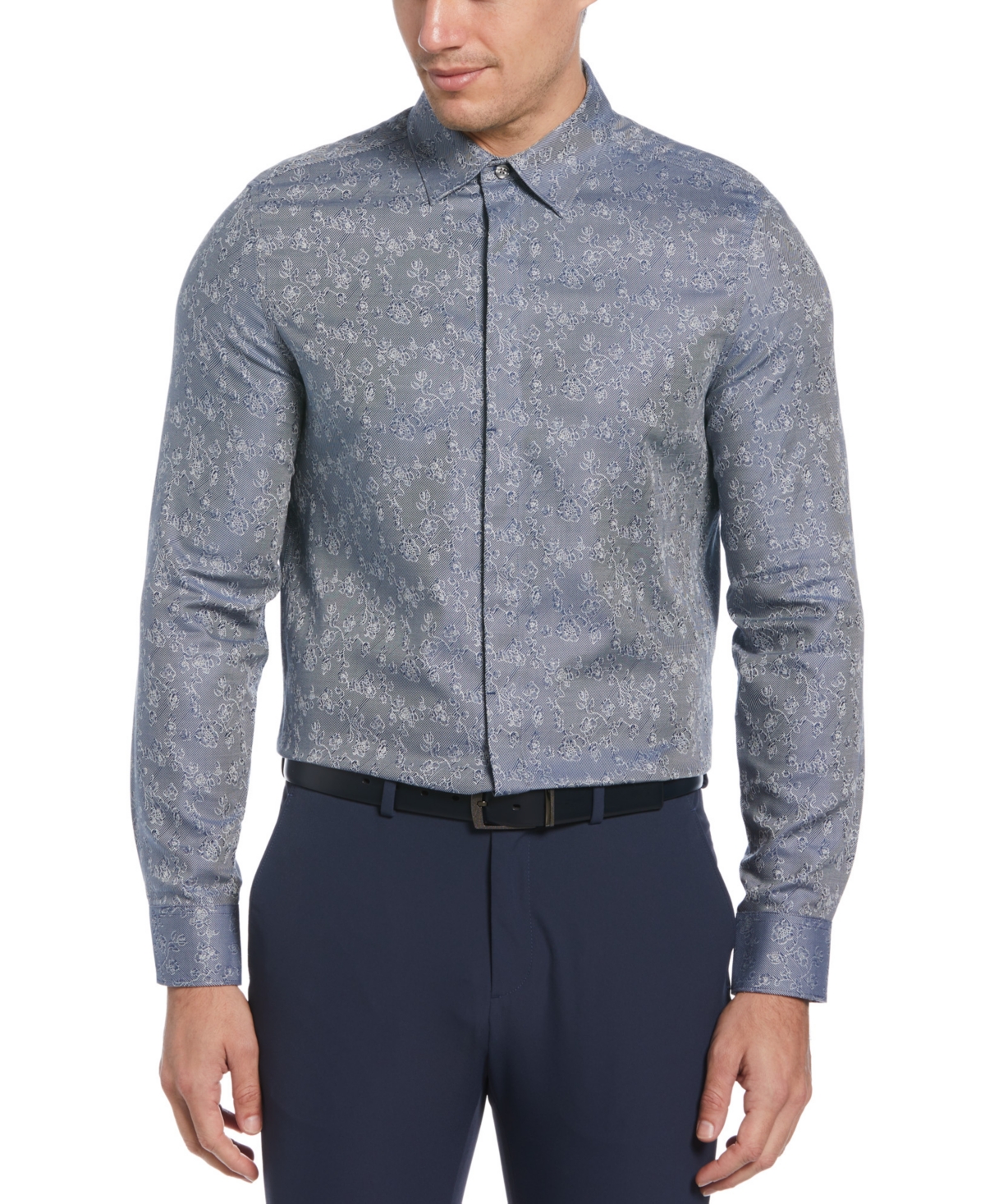 Perry Ellis Men's Slim-fit Jacquard Floral-print Shirt In Dark Denim