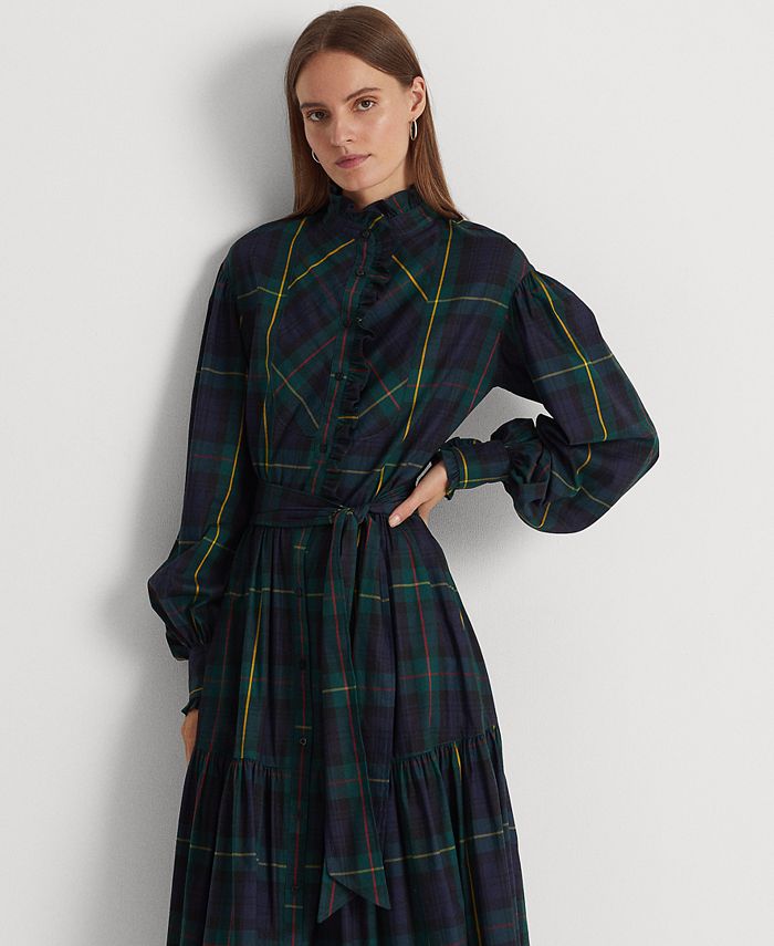 Lauren Ralph Lauren Women's Plaid Belted Cotton-Blend Shirtdress - Macy's