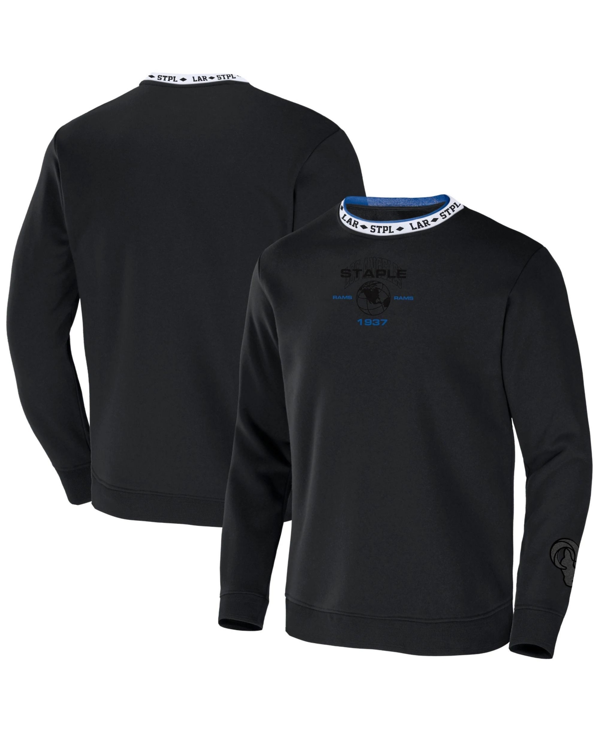 Men's Nfl X Staple Black Los Angeles Rams Embroidered Fundementals Globe Pullover Crew Sweatshirt - Black