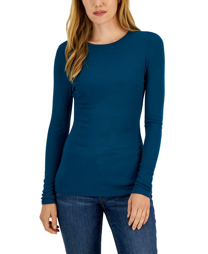 INC International Concepts Women's Solid Ribbed Crewneck Top, Created ...