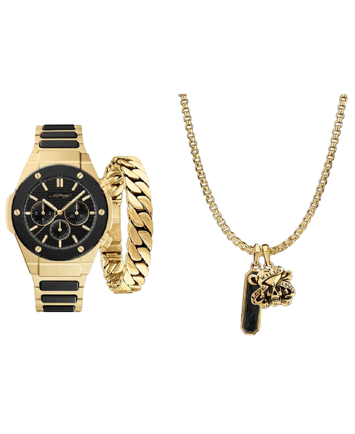 Ed Hardy Men's Brushed Gold-Tone Metal Bracelet Watch 52mm Gift Set