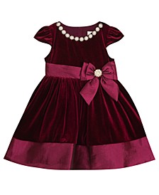 Baby Girls Stretch Velvet Fit & Flare Dress with Stretch Taffeta Waistband and Bow