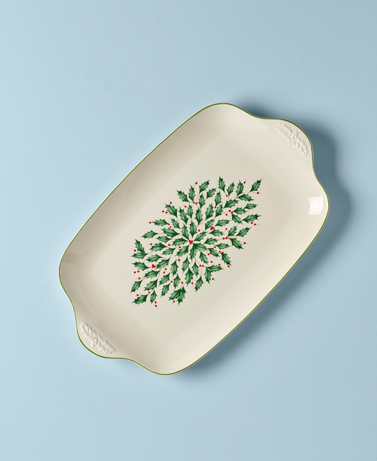 Shop Lenox Holiday 20" Large Serving Platter In Ivory W,green Holly Leaves And Red Berri