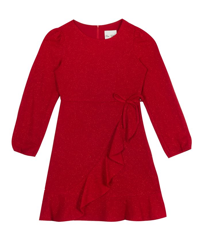 Rare Editions Big Girls Long Sleeve Glitter-Knit Ruffle Wrap Dress - Macy's