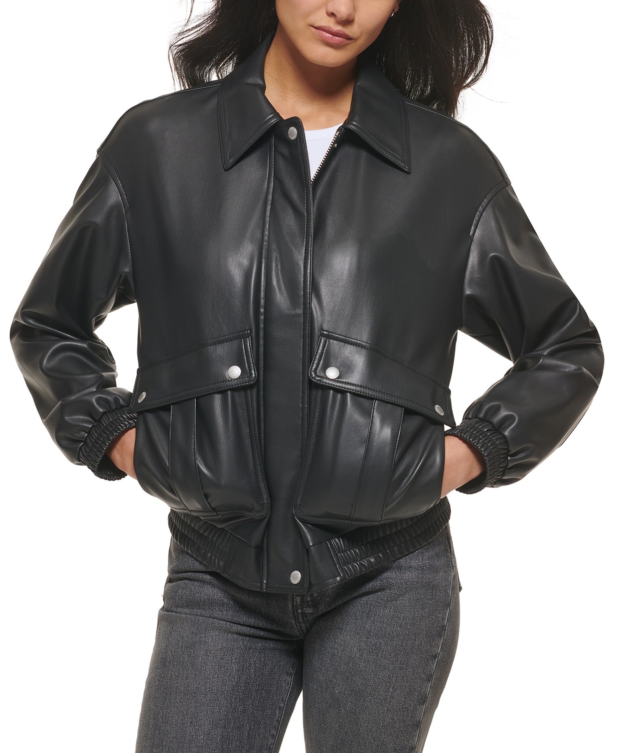 Womens Faux-Leather Relaxed Dad Bomber Jacket