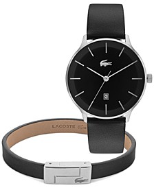 Men's Lacoste Club Black Leather Strap Watch 42mm Gift Set