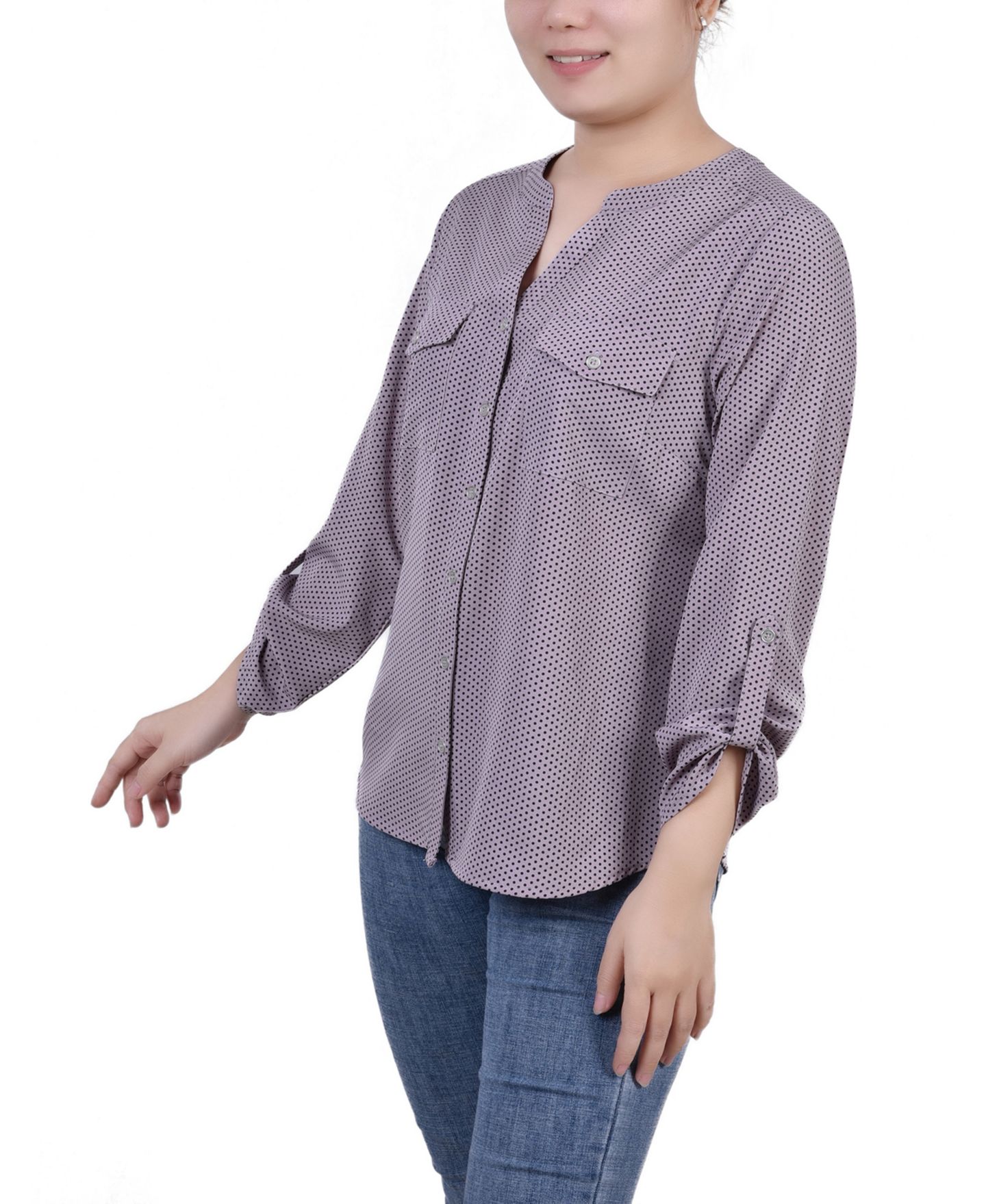 Женская блузка NY Collection Petite 3/4 Sleeve Roll Tab Y Neck, цвет: Морской туманный чёрный — фото 3